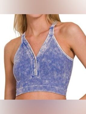 NWT ZENANA OUTFITTERS RIBBED SEAMLESS CROP HENLEY BRALETTE, ACID WASH BLUE, S/M
